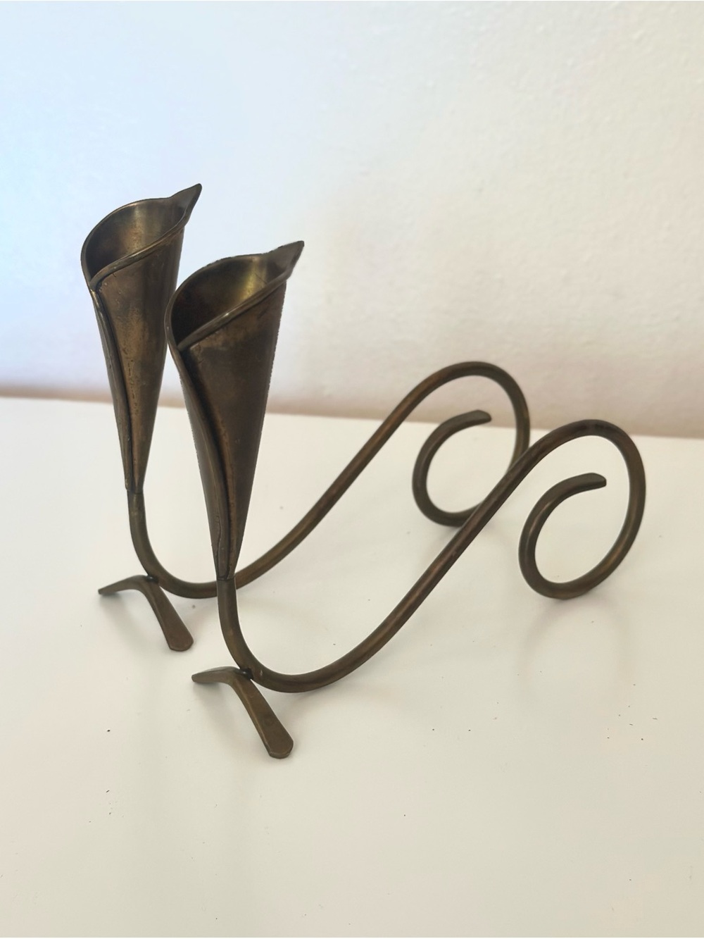 Vintage Mid-Century Brass Calla Lily Scroll Candle Holder Pair